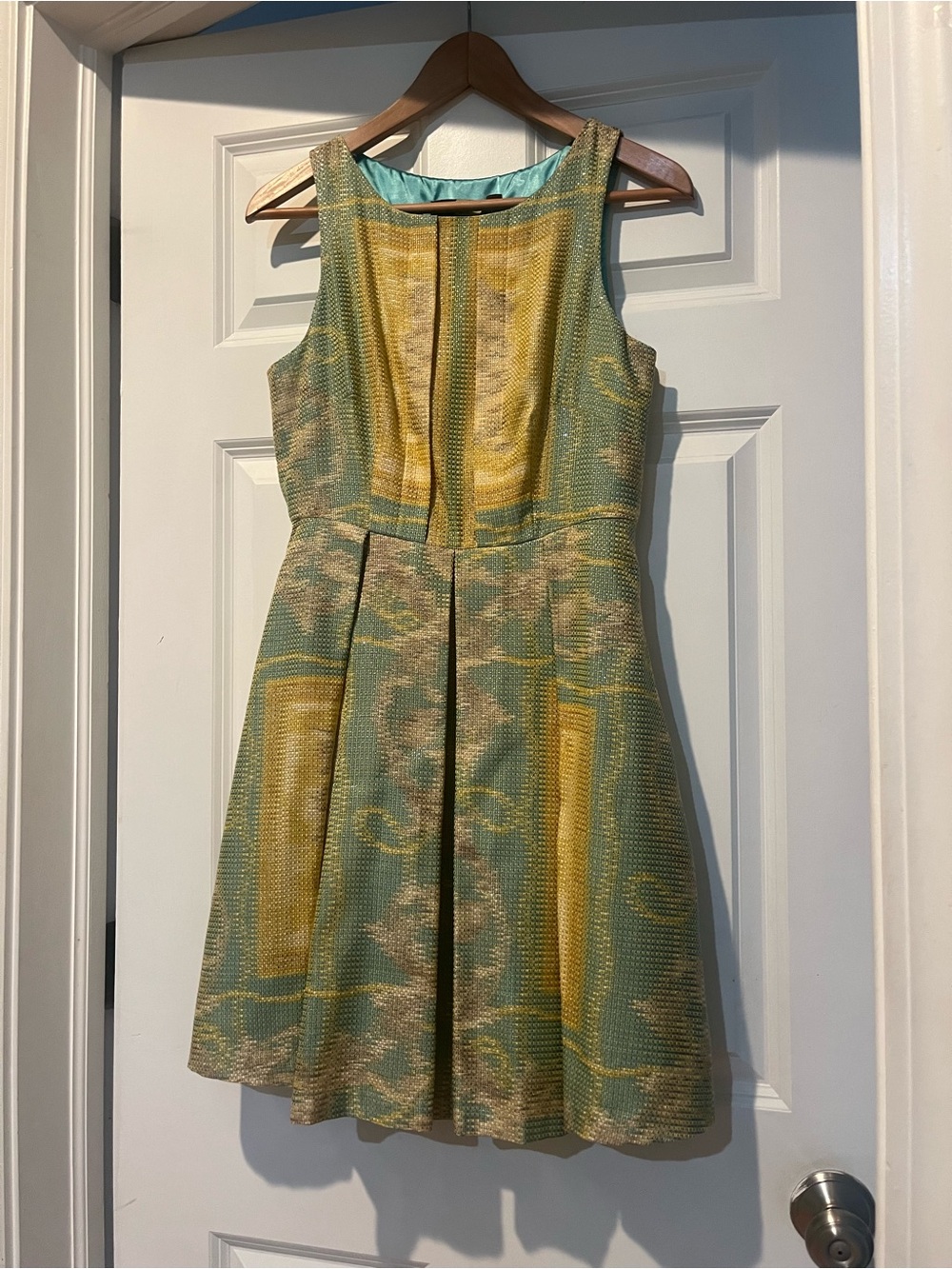 Eva Franco Green and Yellow Textured Fit-and-Flare Dress